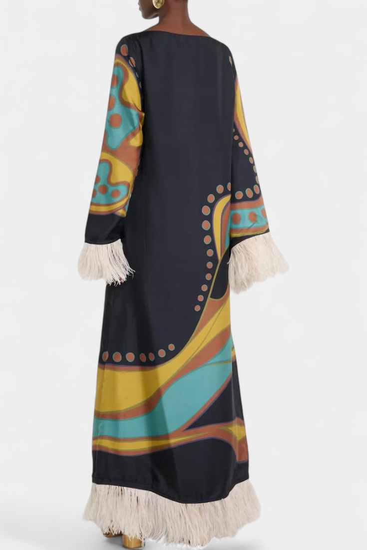 Robe Maxi Retro Kiara avec Franges en Plumes