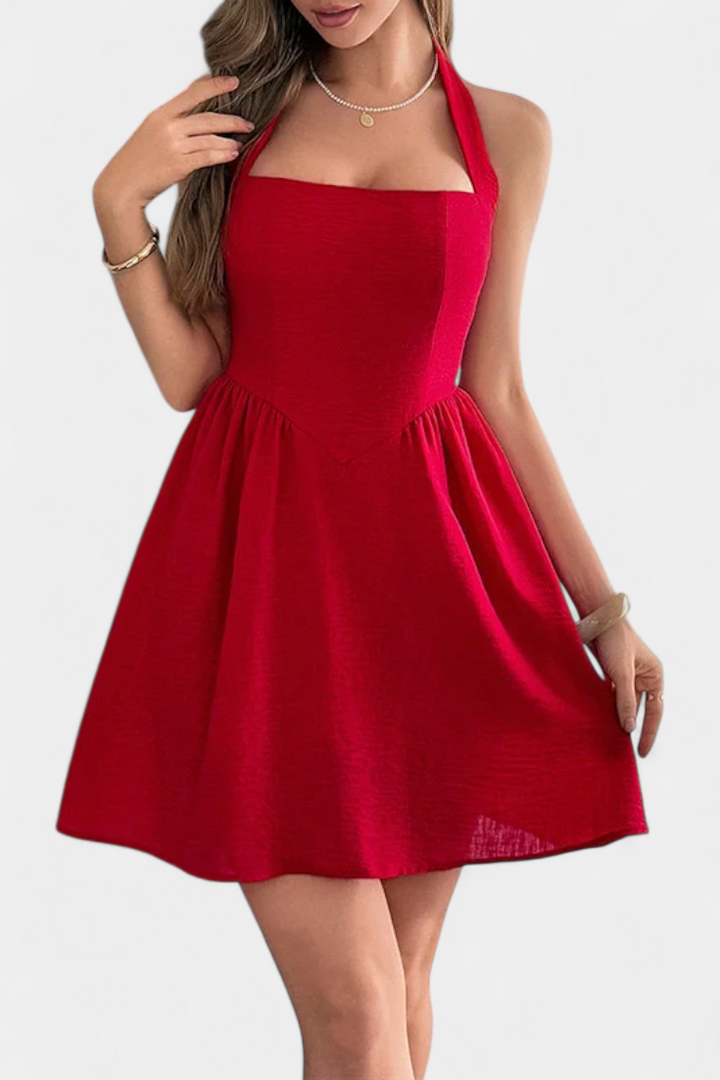 Robe Mini Halter Kassandra avec Dos Nu et Silhouette Évasée