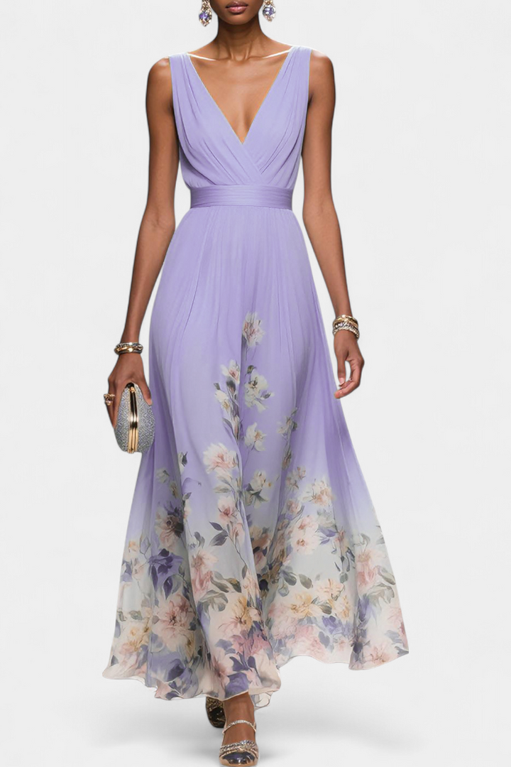 Robe Maxi Fleurie Sauline Sans Manches avec Décolleté en V