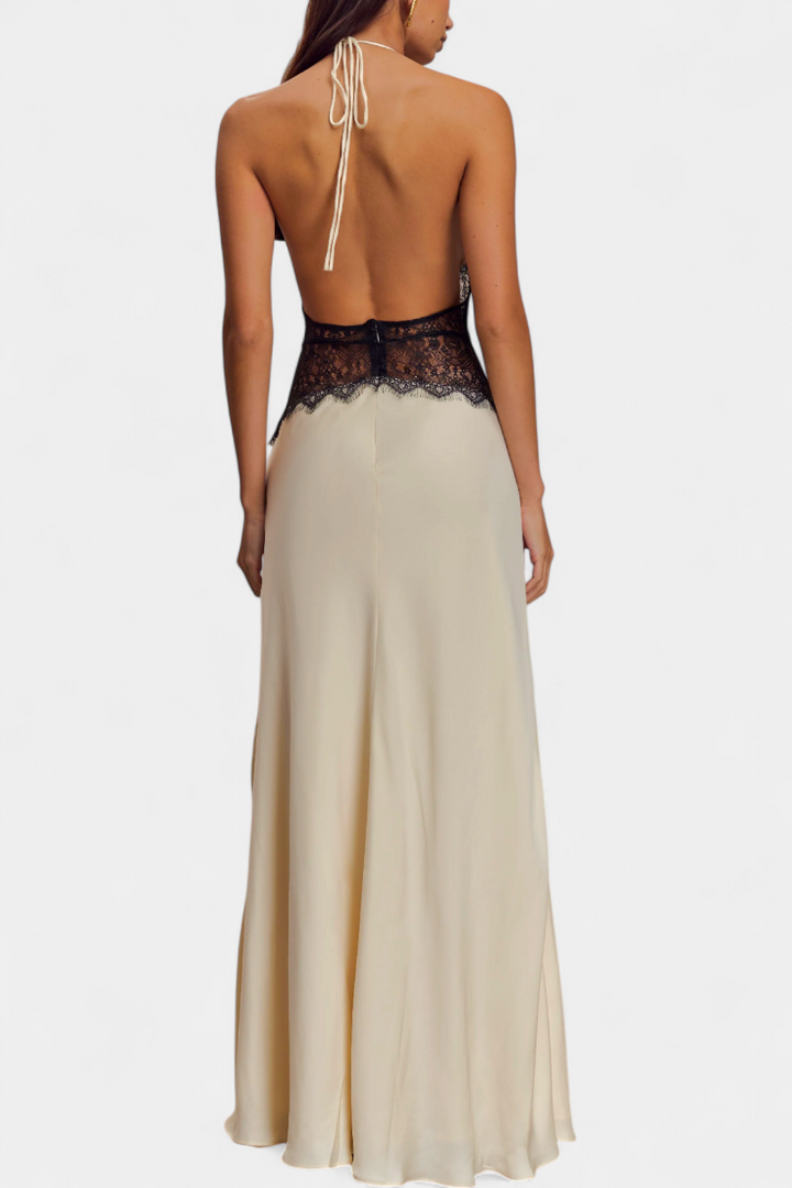 Robe Longue Ashanty avec Décolleté Halter et Taille en Dentelle Transparente