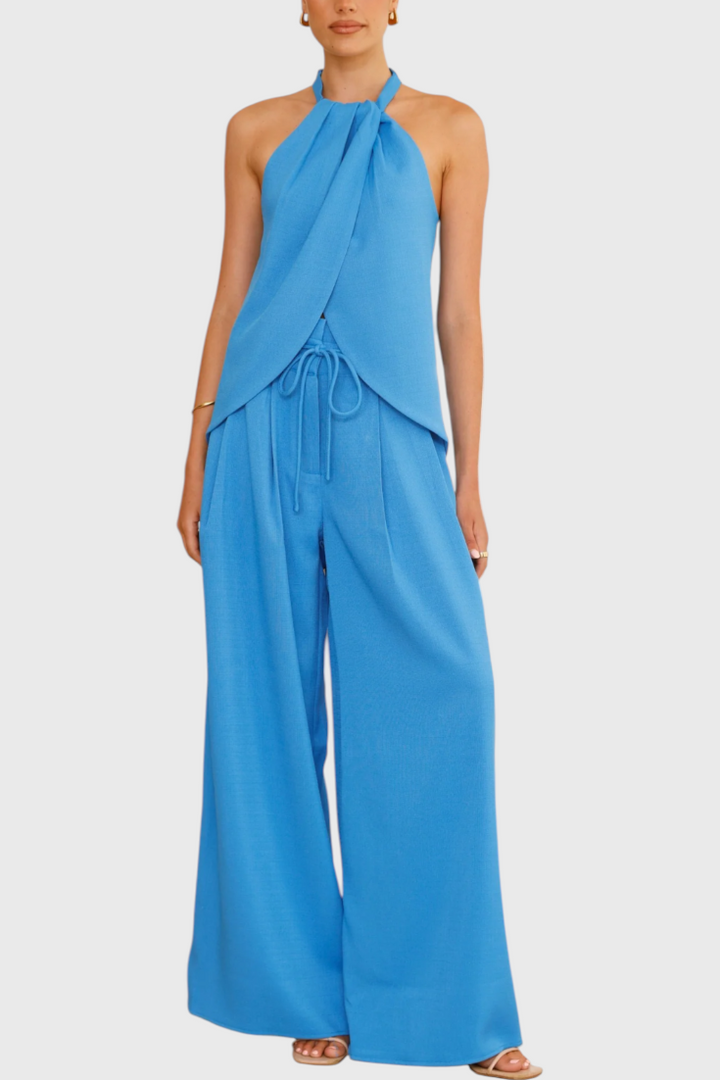 Ensemble Bernadina en Lin avec Top à Ouverture Frontale et Pantalon à Jambes Amples