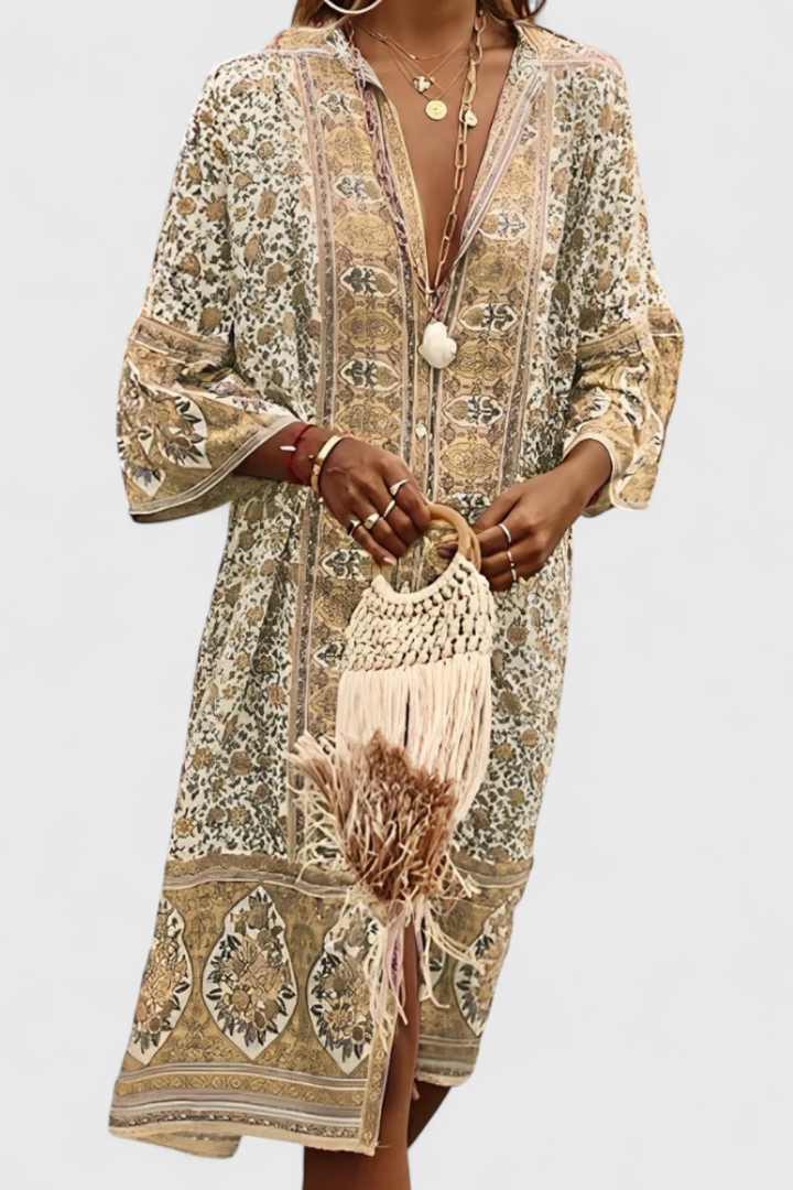 Robe Longue Boho Chinara avec Broderie Ethnique et Silhouette Décontractée