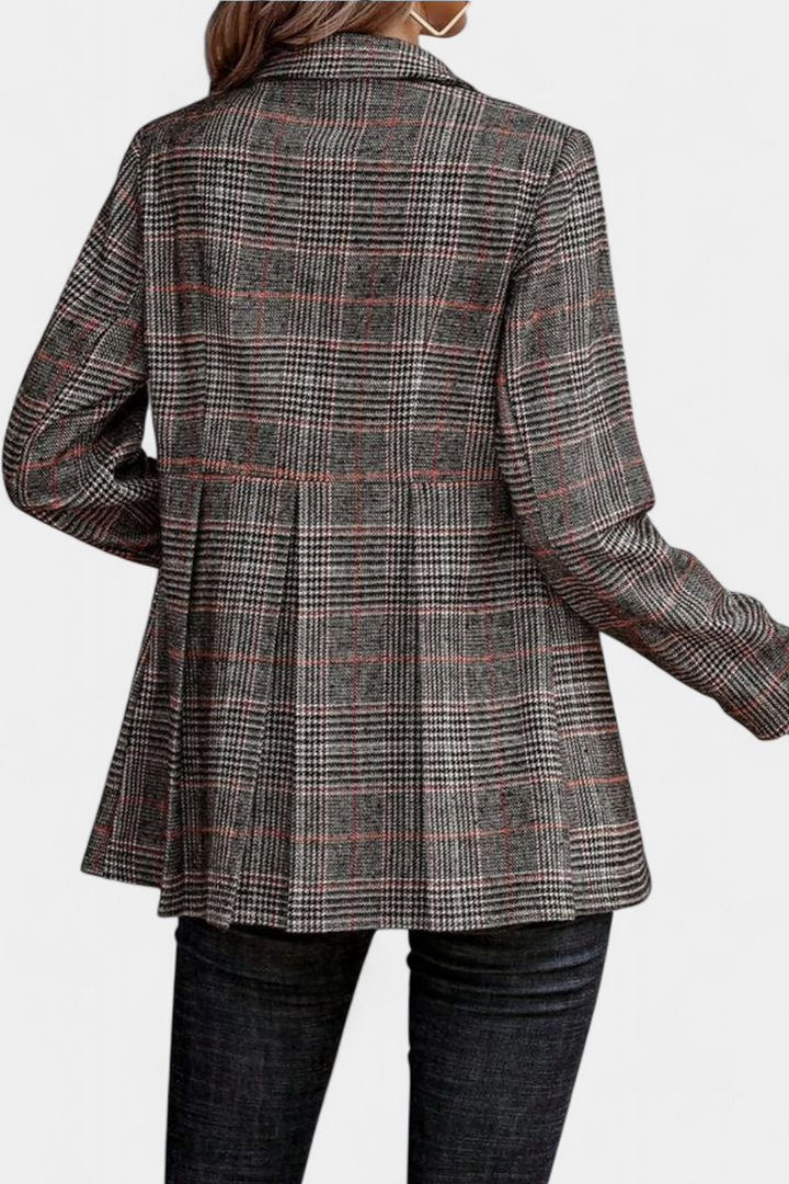 Blazer Peplum à Carreaux avec Revers en V