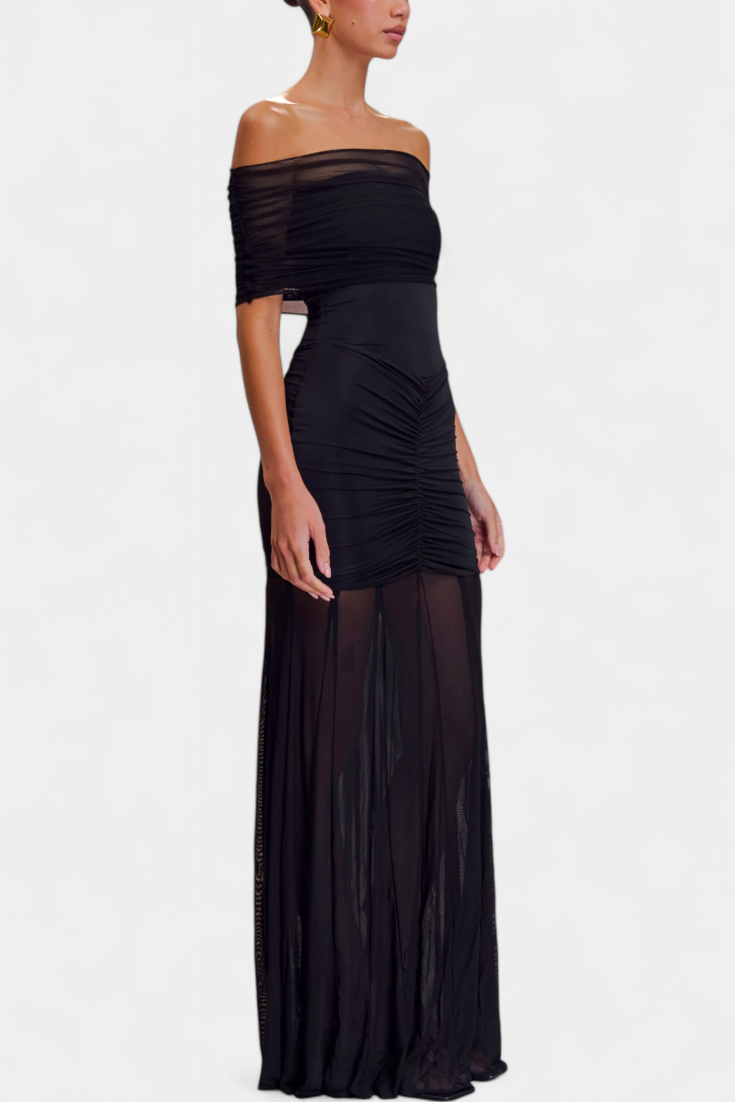 Robe Maxi Alodia à Épaules avec Cape en Maille