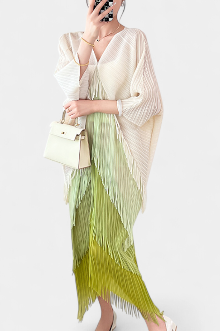 Andalousie Robe avec Franges et Blocs de Couleur Contrastés