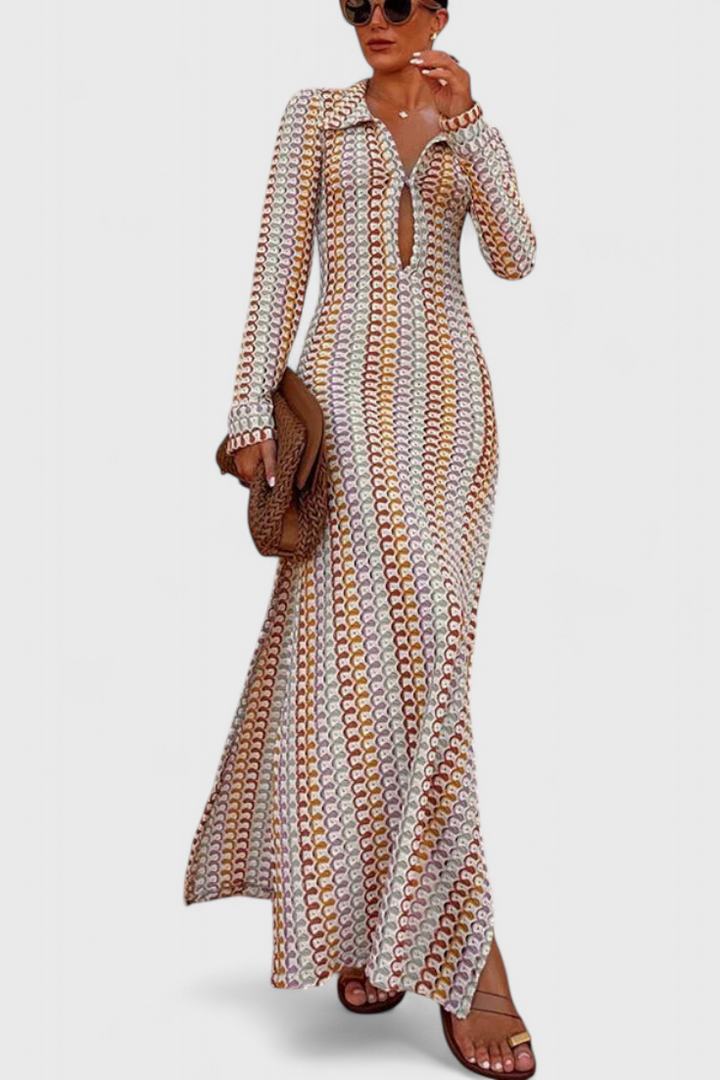 Robe Longue Crisanta Imprimée avec des Ondes Multicolores et Manches Longues