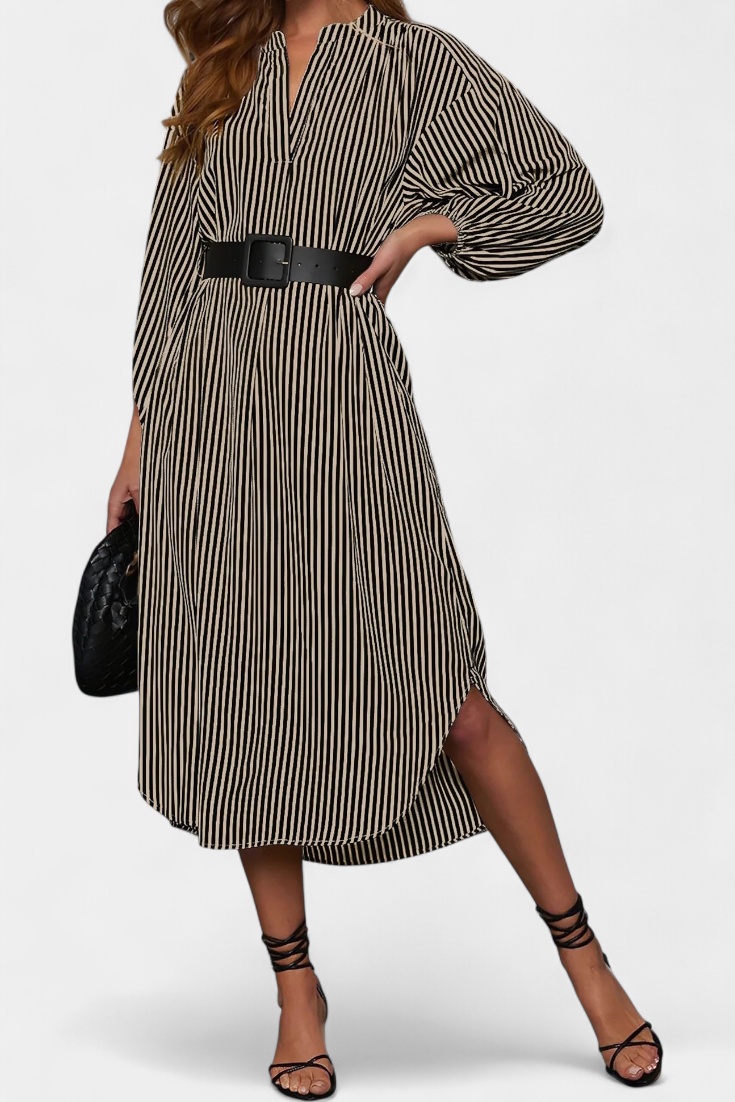 Eliana Robe Rayée avec Ceinture et Col en V