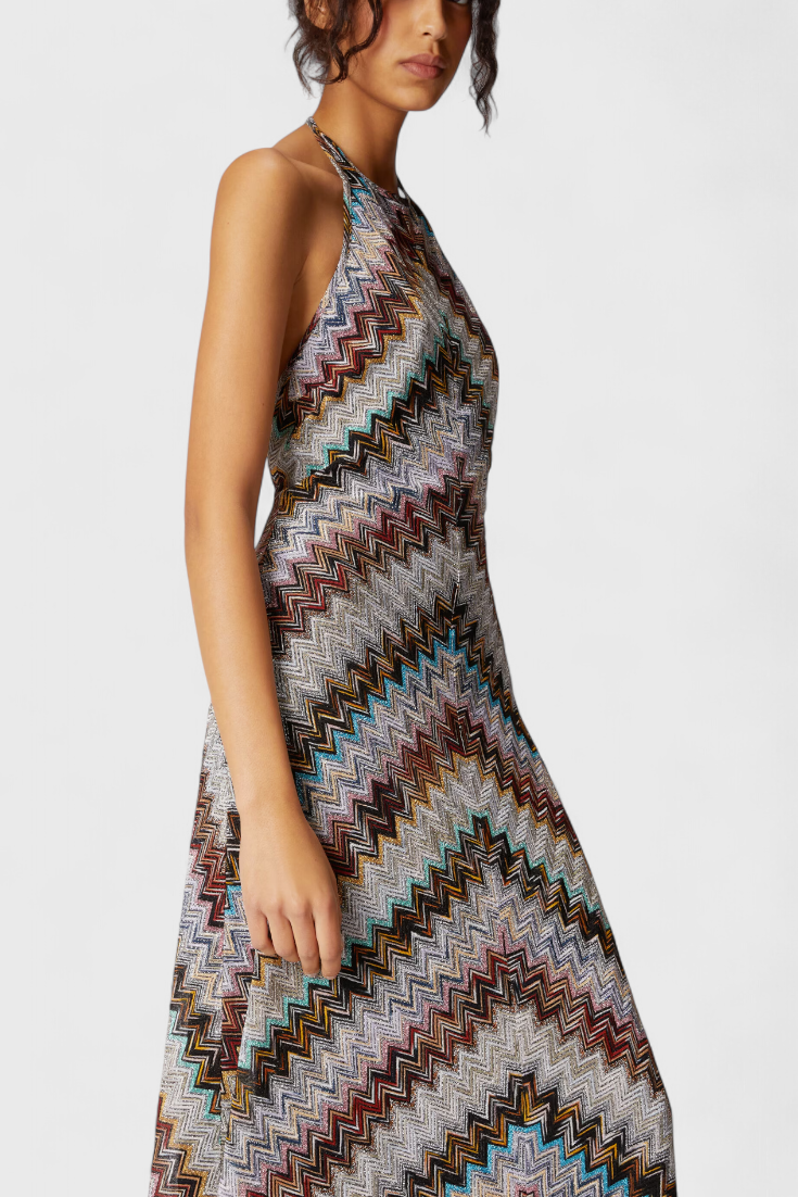 Robe Longue Halter Melisa avec Zigzag Lamé et Fini Iridescent