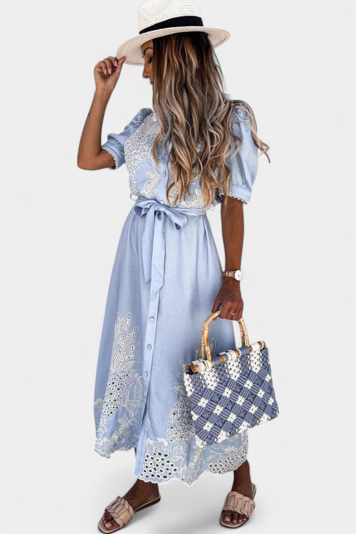 Nerea Robe Chemise Brodée avec Ceinture et Manches Bouffantes