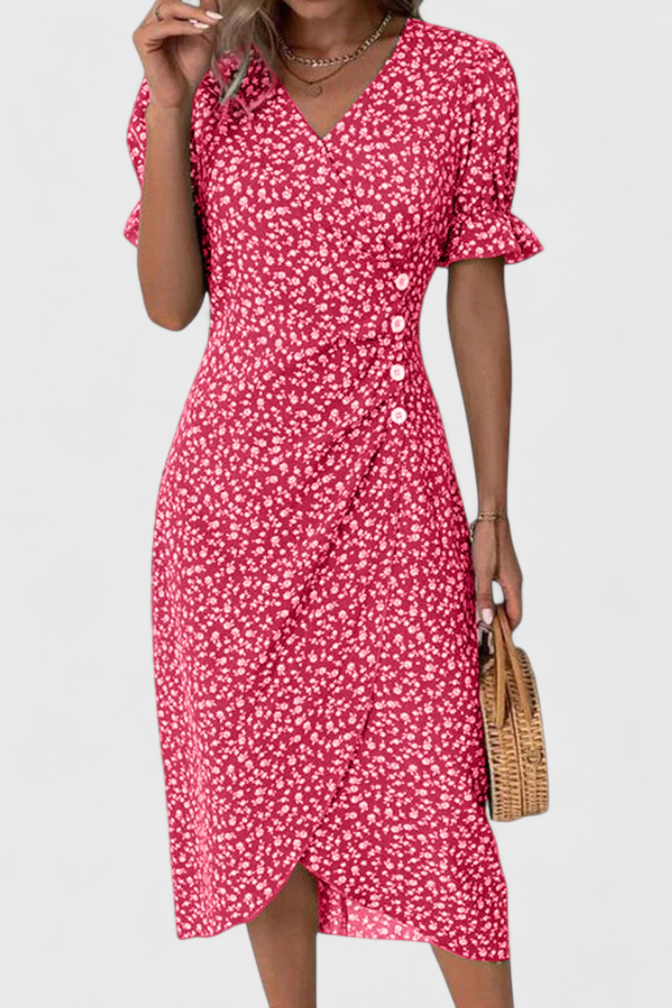 Robe Midi Florale Joana avec Décolleté en V et Manches Courtes