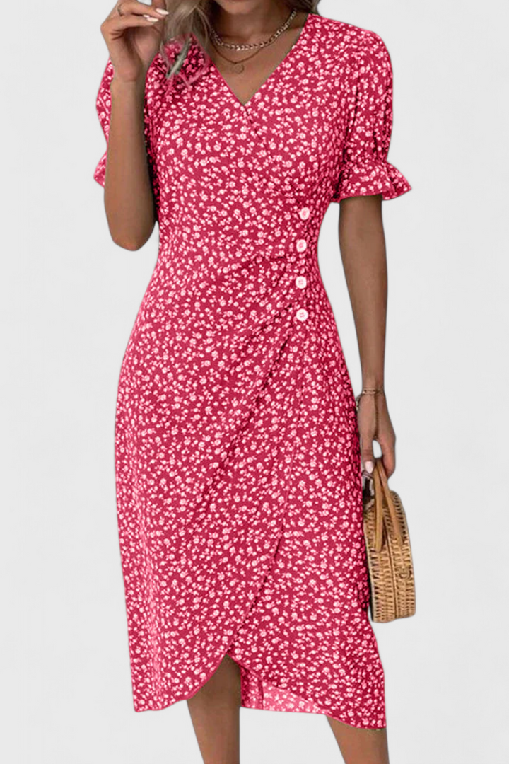 Robe Midi Florale Joana avec Décolleté en V et Manches Courtes