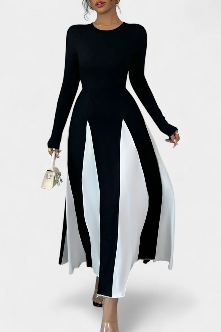 Veronique Robe Maxi à Manches Longues en Contraste de Couleur