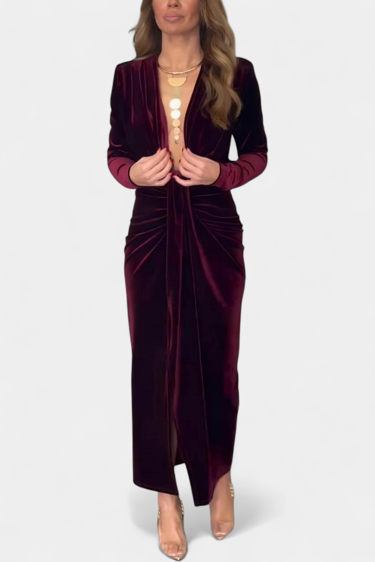 LaVerna Robe Longue en Velours Doré avec Col en V
