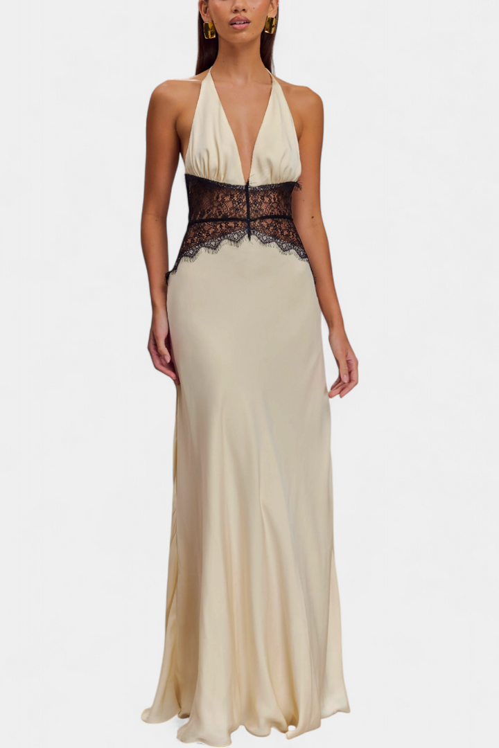 Robe Longue Ashanty avec Décolleté Halter et Taille en Dentelle Transparente