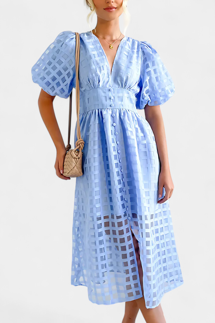 Robe Midi Marigold à Manches Bouffantes avec Motif à Carreaux
