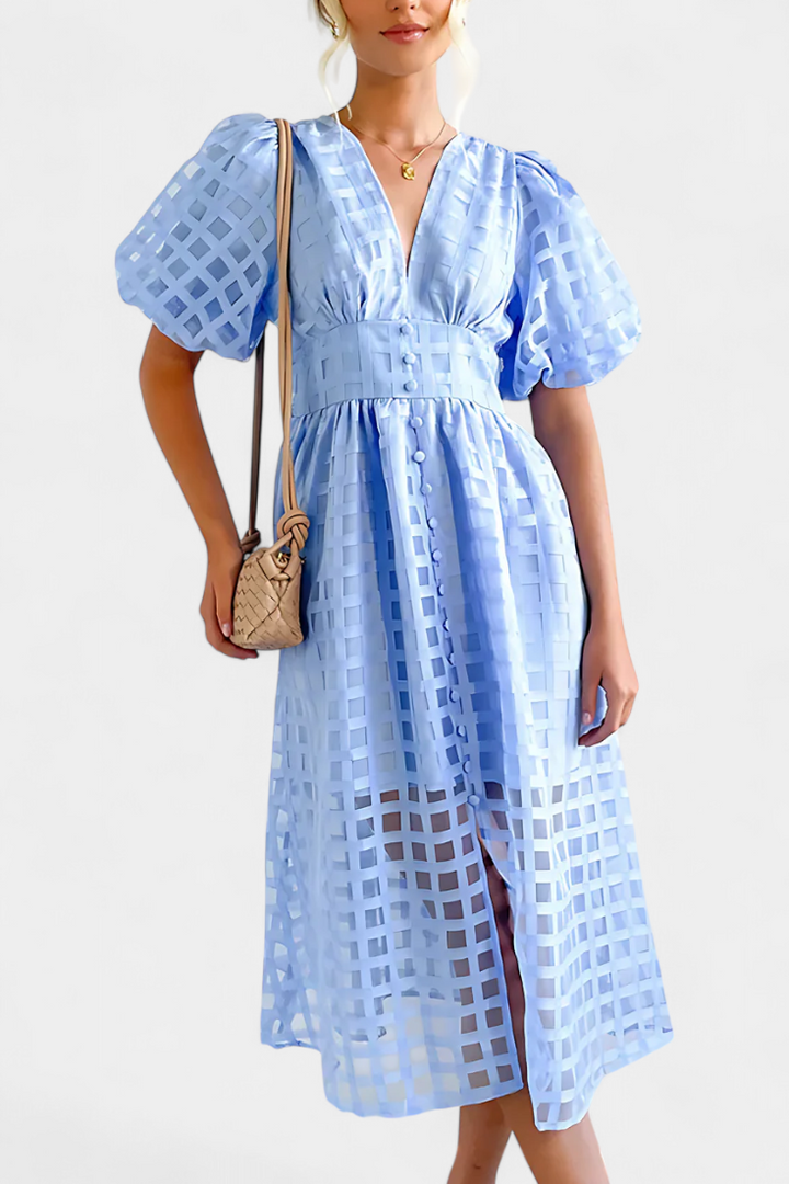 Robe Midi Marigold à Manches Bouffantes avec Motif à Carreaux
