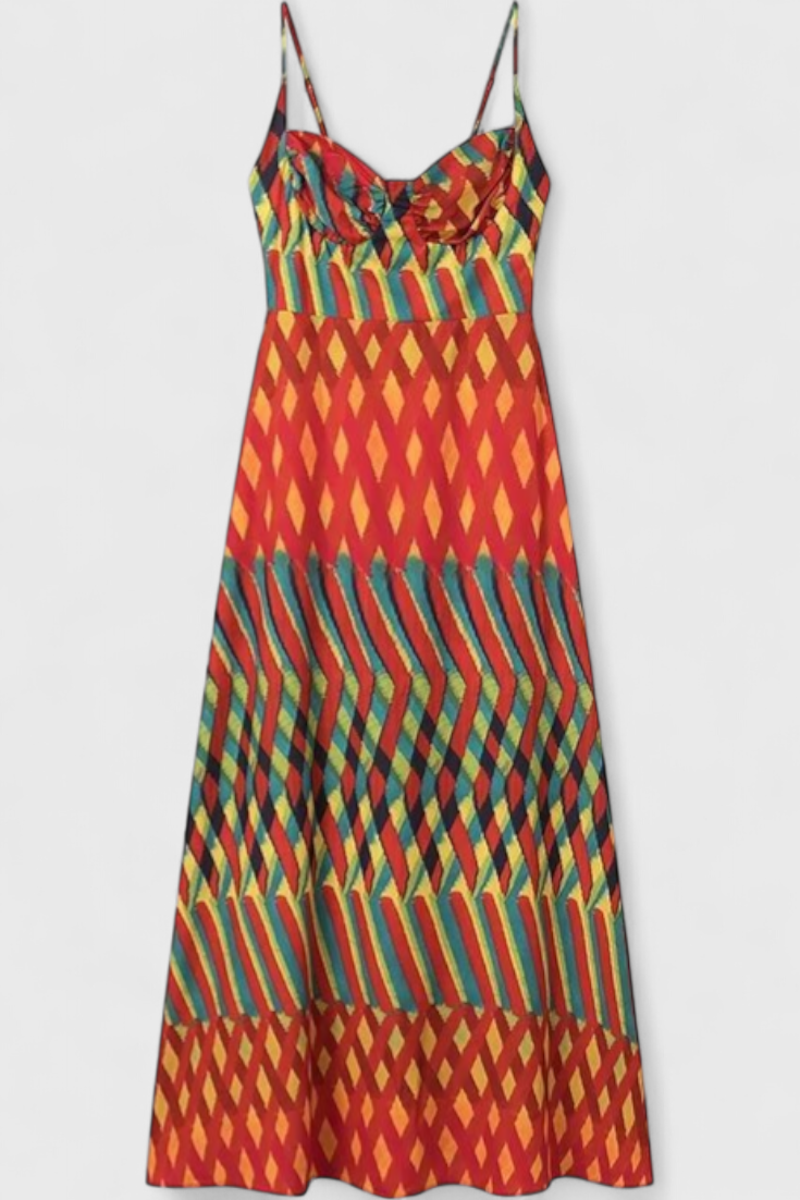 Robe Maxi Janis avec Imprimé Artistique et Décolleté Halter en Forme de Coeur