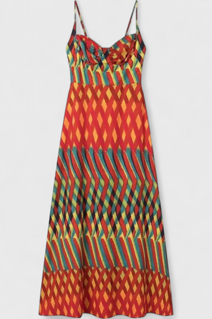 Robe Maxi Janis avec Imprimé Artistique et Décolleté Halter en Forme de Coeur