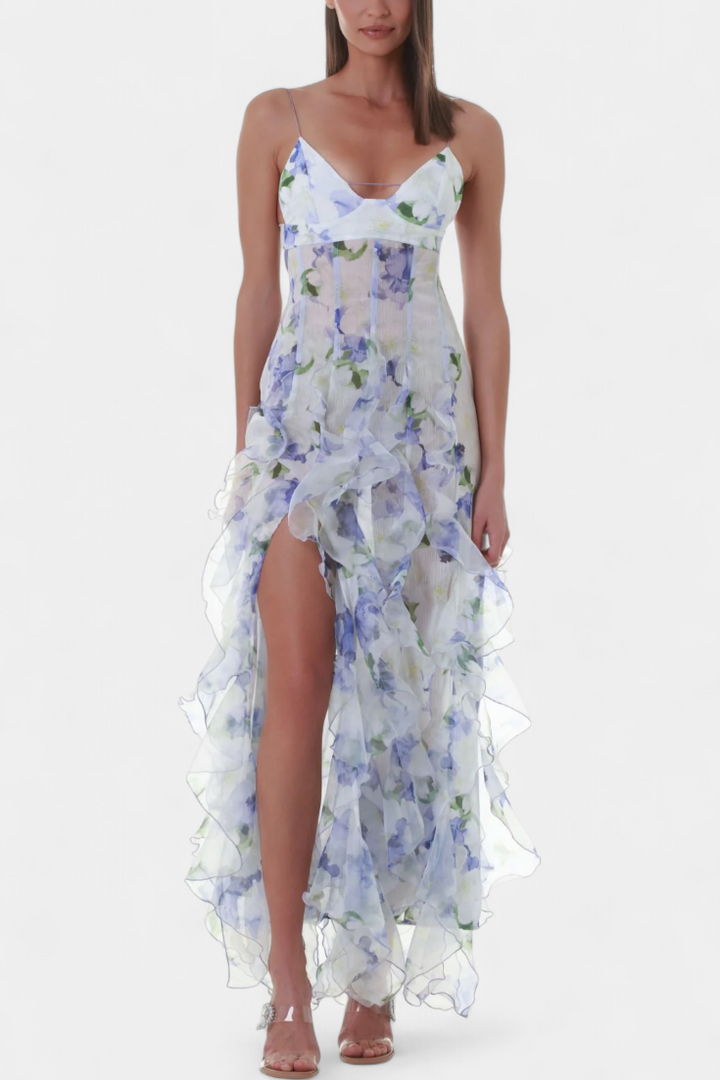 Robe Maxi Bonnie avec Volants Floraux et Découpe Latérale