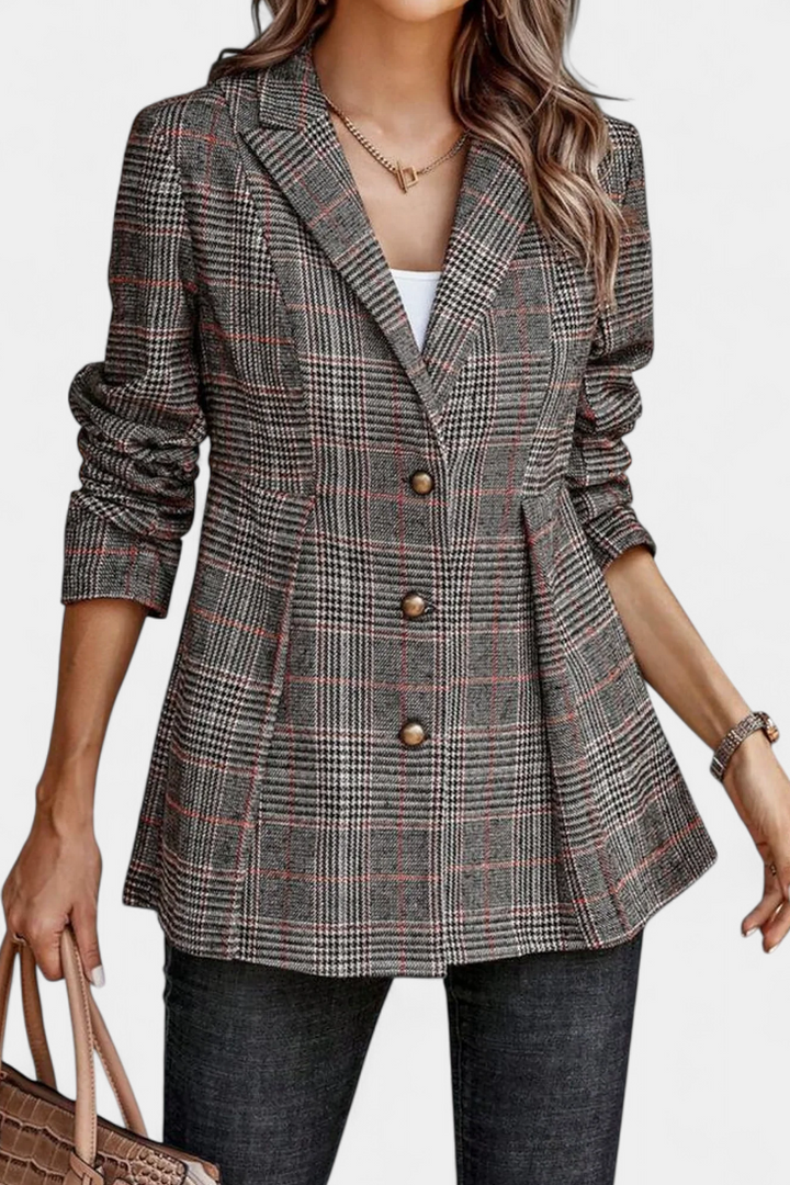 Blazer Peplum à Carreaux avec Revers en V