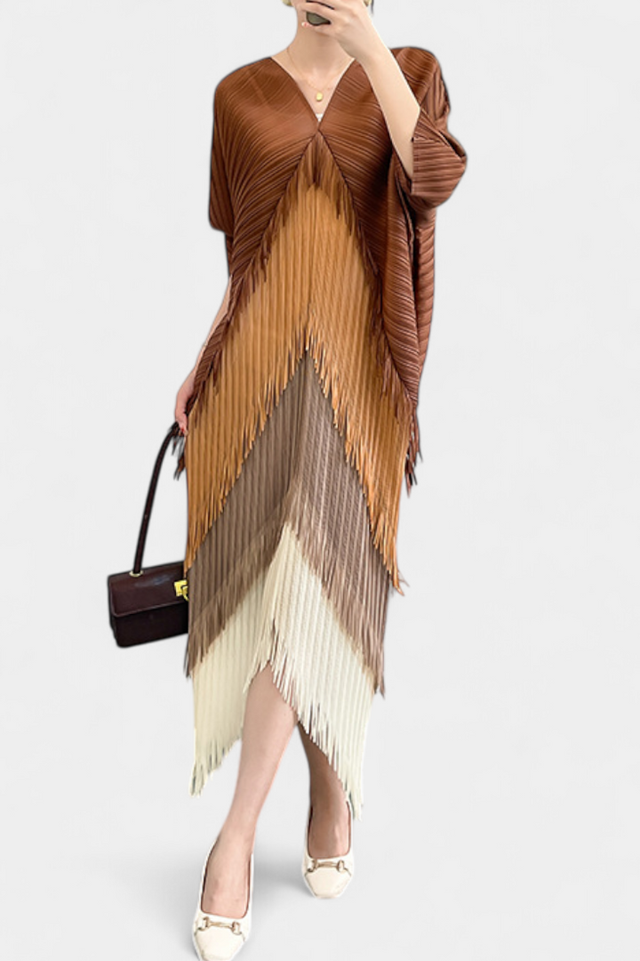 Andalousie Robe avec Franges et Blocs de Couleurs Contrastants