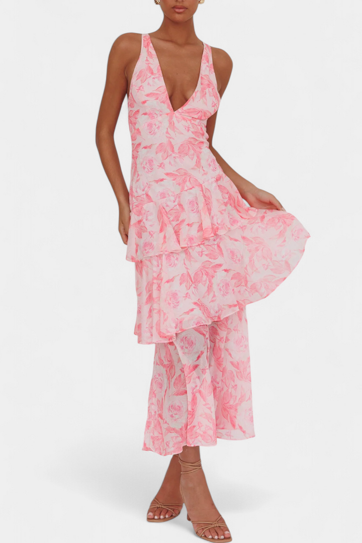 Robe Domenica en Georgette avec Décolleté en V et Couches Fluides