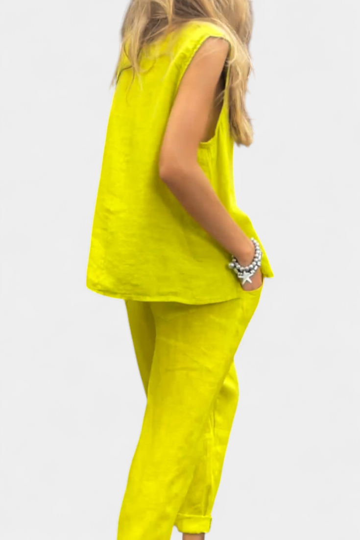 Leona Ensemble de Gilet et Pantalon Sans Manches en Coton Lin