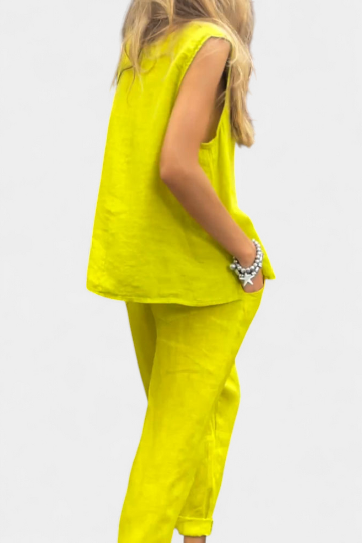 Leona Ensemble de Gilet et Pantalon Sans Manches en Coton Lin