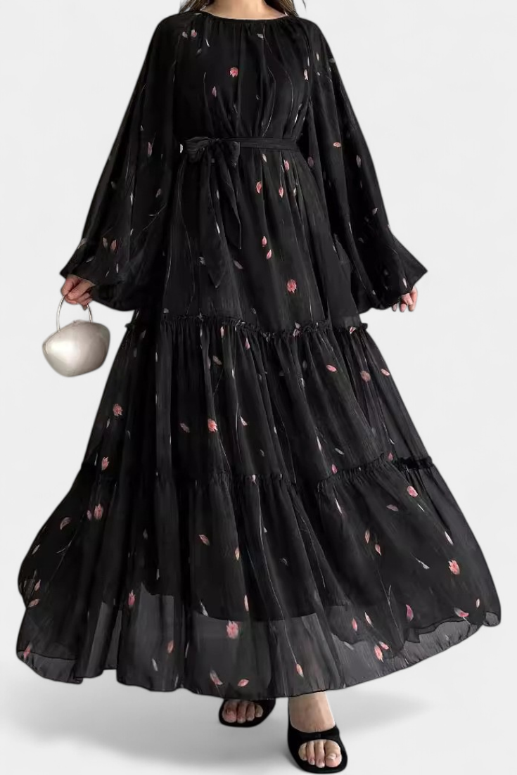 Robe Florale Tavira à Manches Longues avec Ceinture