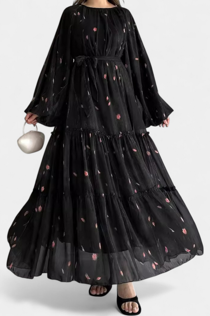 Robe Florale Tavira à Manches Longues avec Ceinture