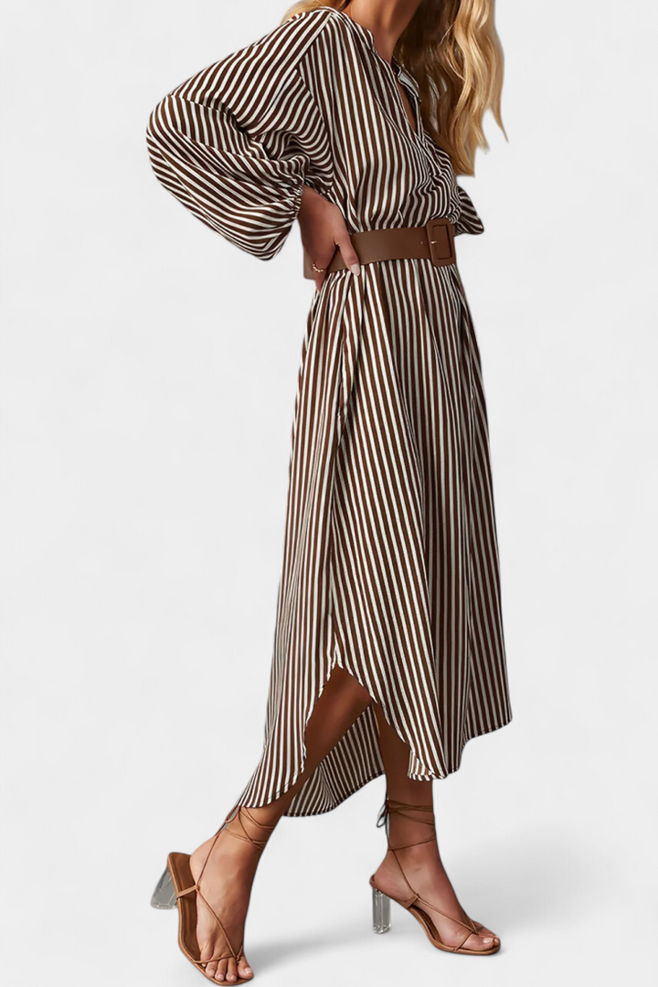 Eliana Robe Rayée avec Ceinture et Col en V