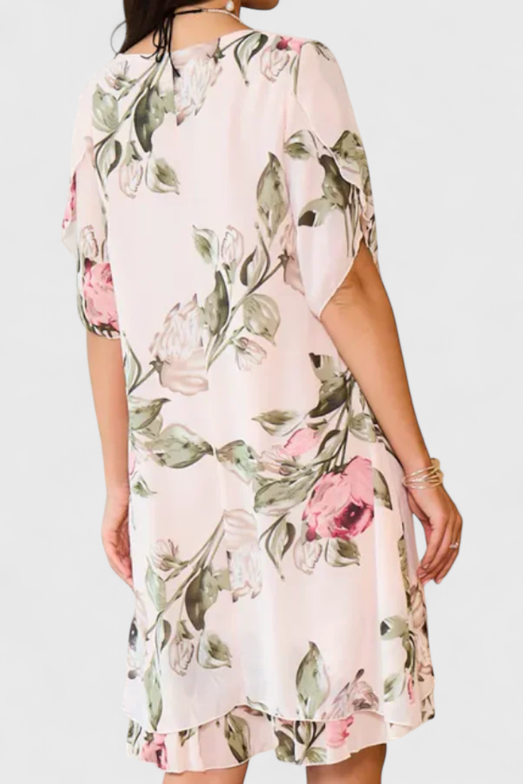 Robe Tameka en Georgette Fluide avec Pétales et Manches Transparentes