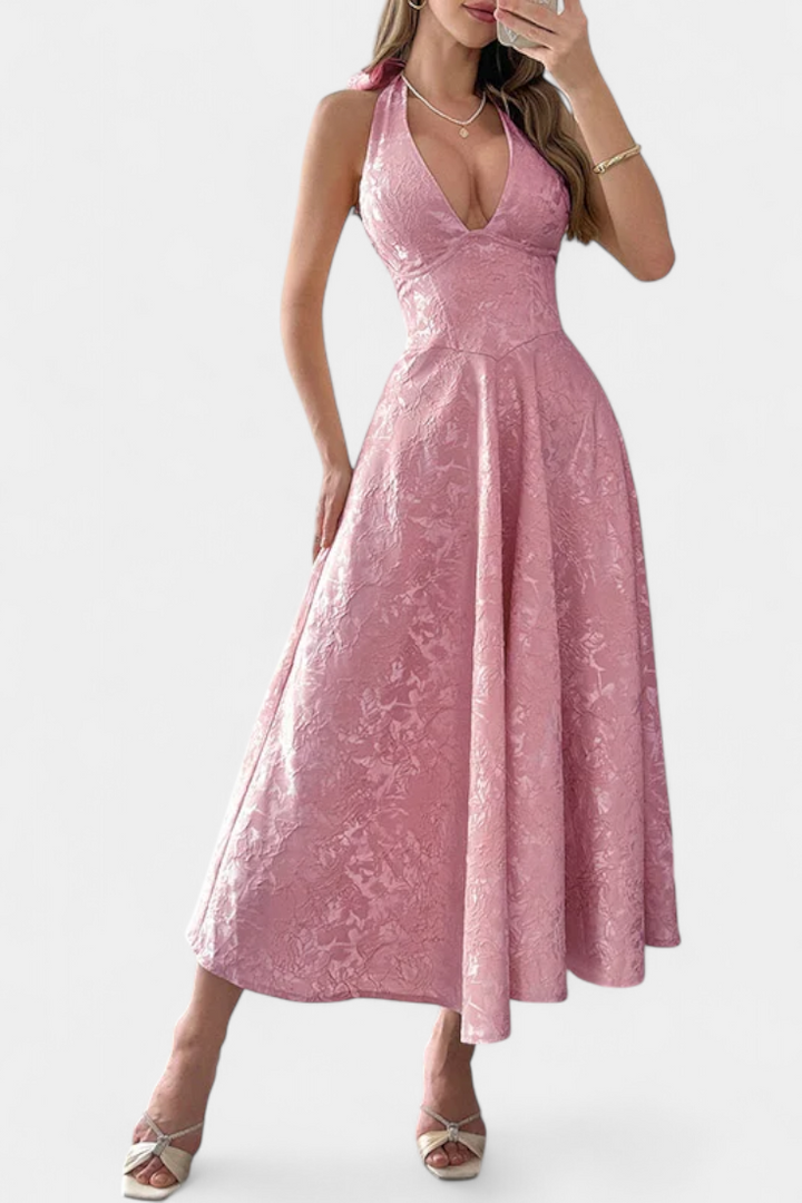 Robe Midi Jacquard Gilda avec Dos Nu et Taille Haute