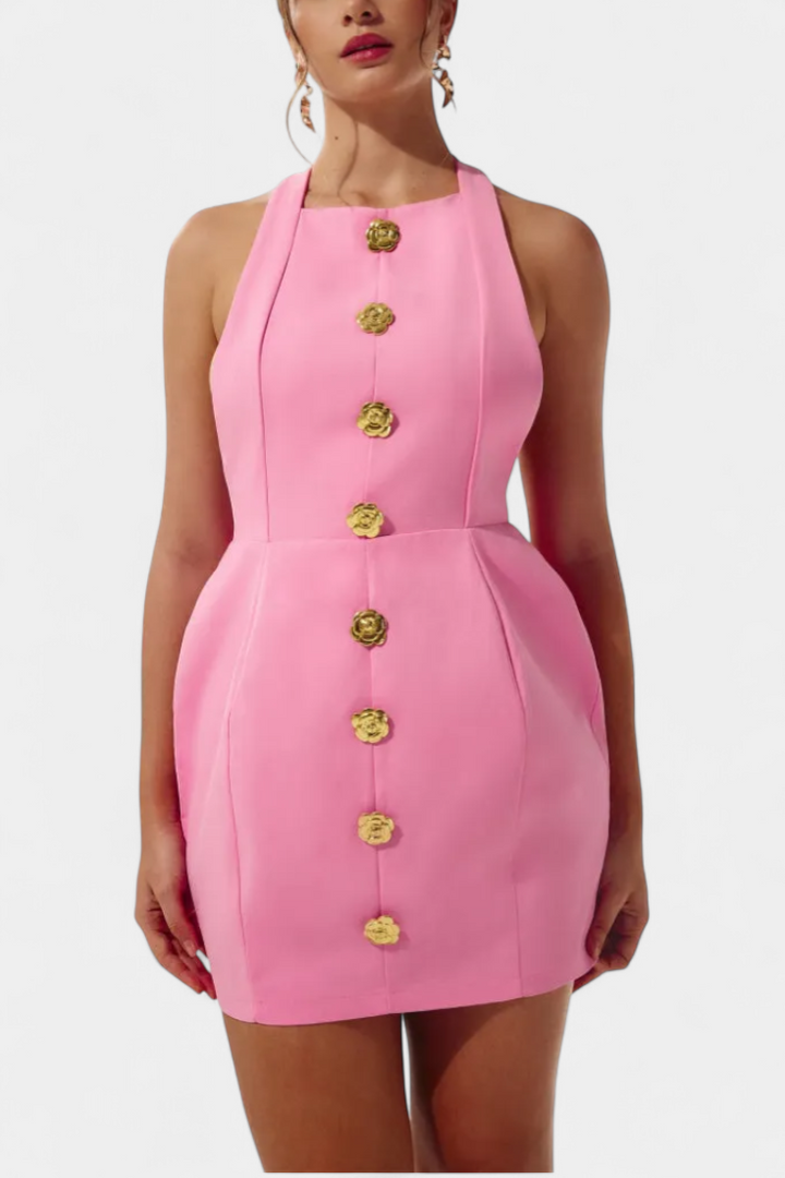 Yvonne Robe Mini Décolleté Halter avec Dos Nu et Détail Floral