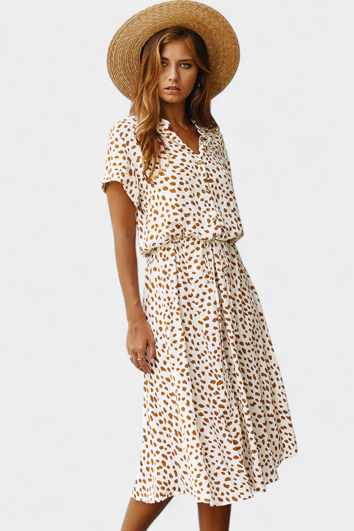 Rovena Robe Midi à Pois avec Col Chemisier et Taille Ajustable