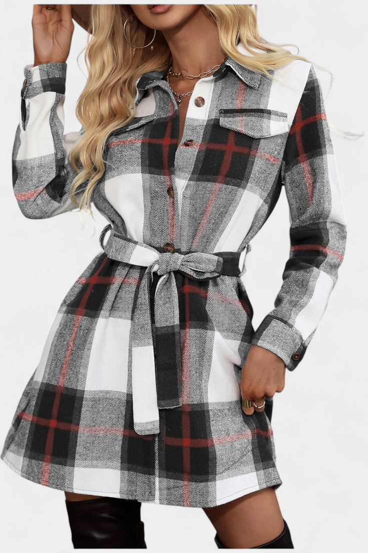 Robe Chemise Mini à Carreaux avec Ceinture