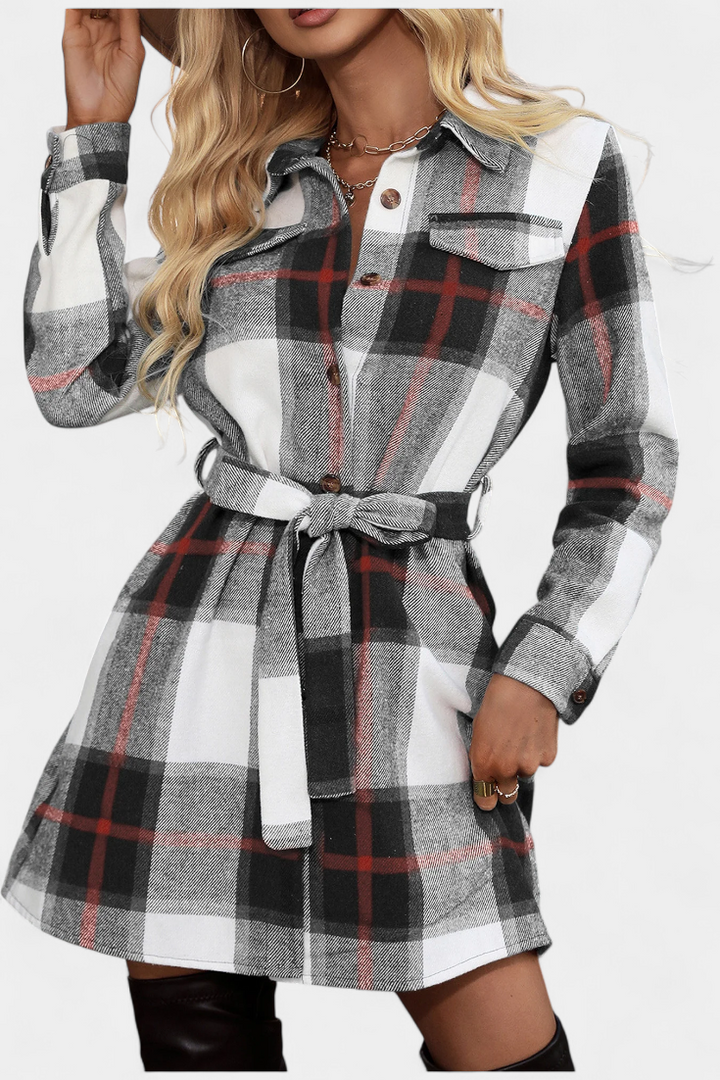 Robe Chemise Mini à Carreaux avec Ceinture