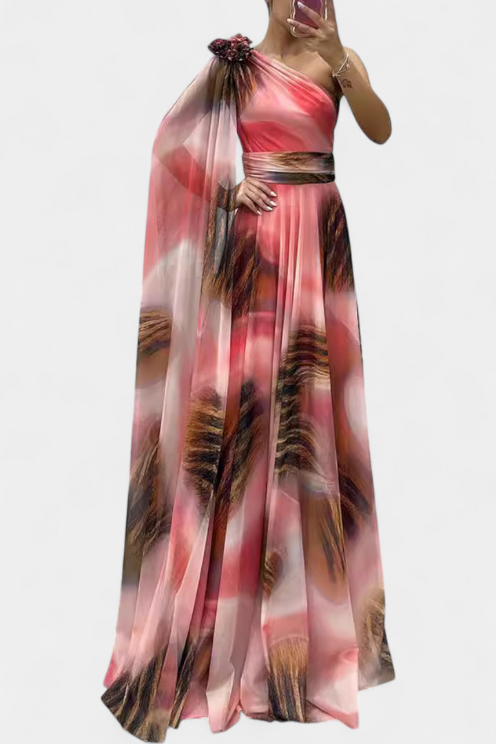 Robe Longue Cedara à Une Épaule avec Détail Floral
