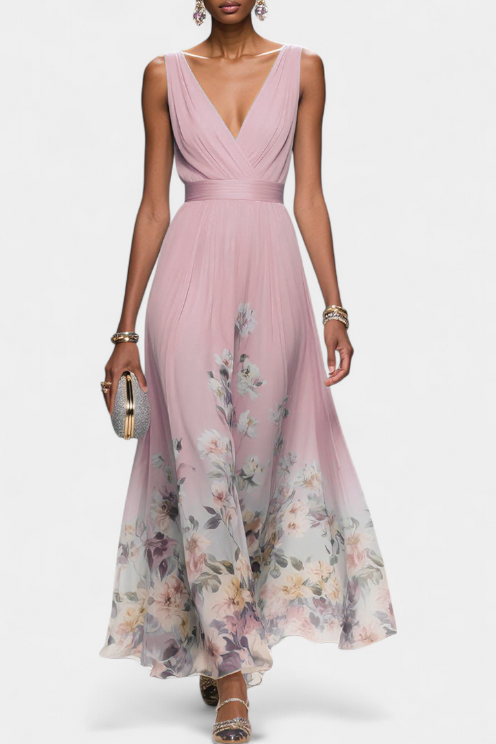 Robe Maxi Fleurie Sauline Sans Manches avec Décolleté en V