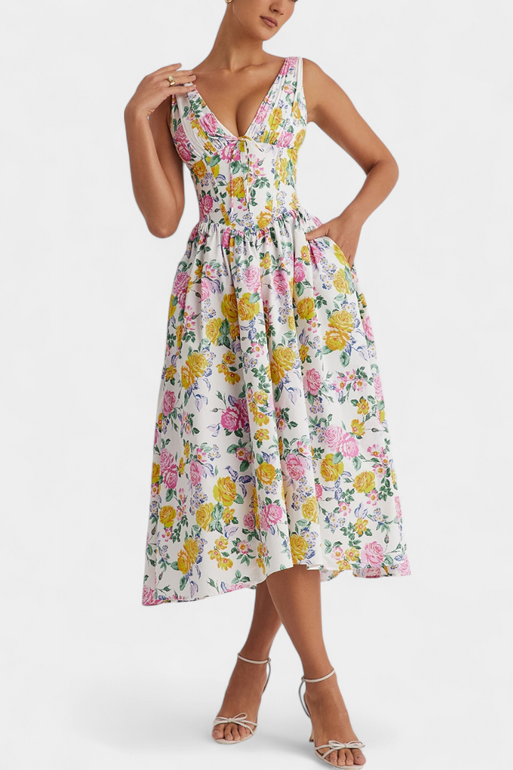 Robe Midi Margie à Décolleté en V et Imprimé Floral Romantique