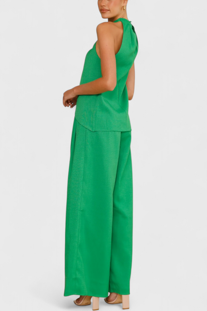 Ensemble Bernadina en Lin avec Top à Ouverture Frontale et Pantalon à Jambes Amples