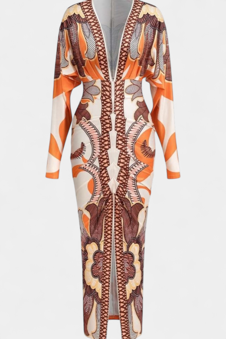 Robe Longue Diva avec Imprimé Floral, Décolleté en V et Fente Latérale