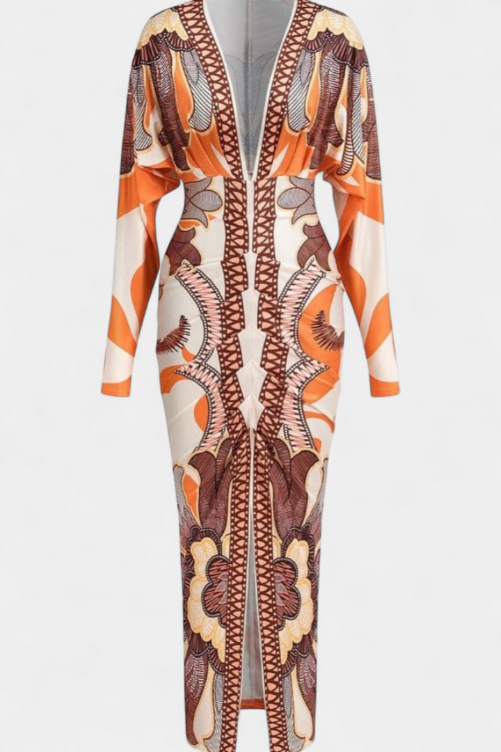 Robe Longue Diva avec Imprimé Floral, Décolleté en V et Fente Latérale