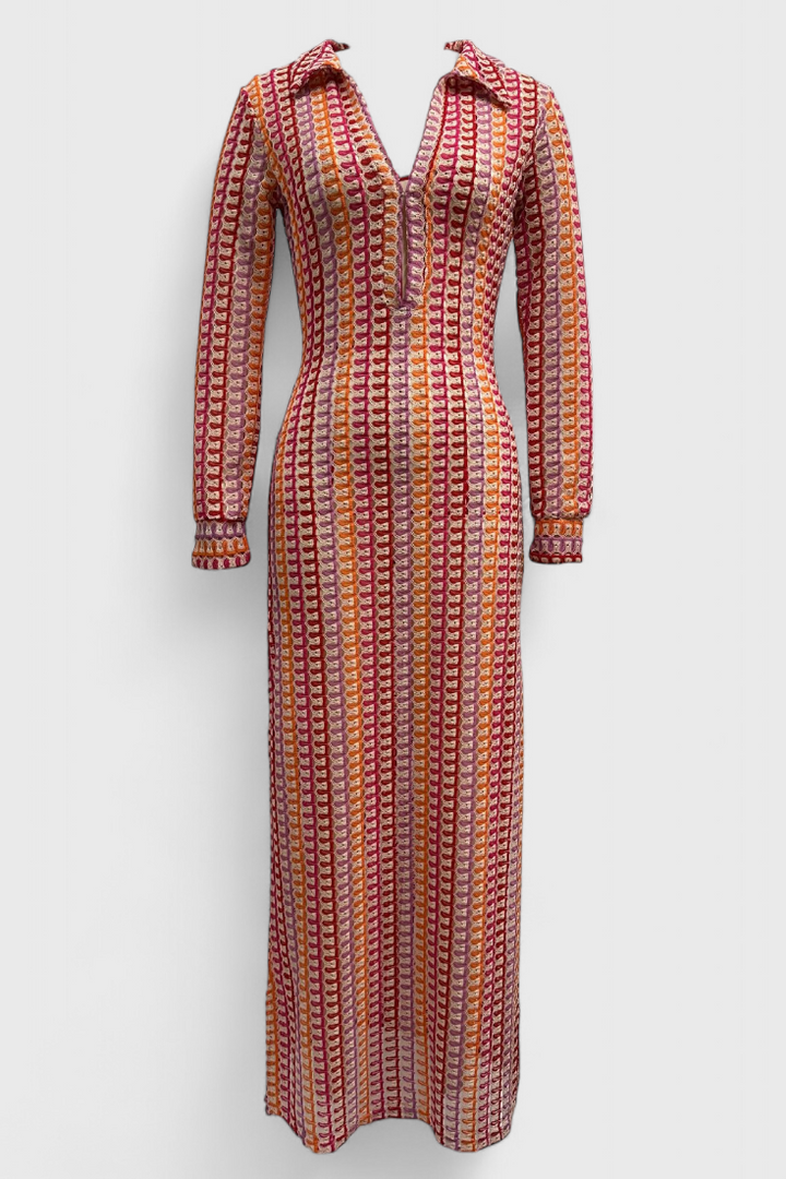 Robe Longue Crisanta Imprimée avec des Ondes Multicolores et Manches Longues