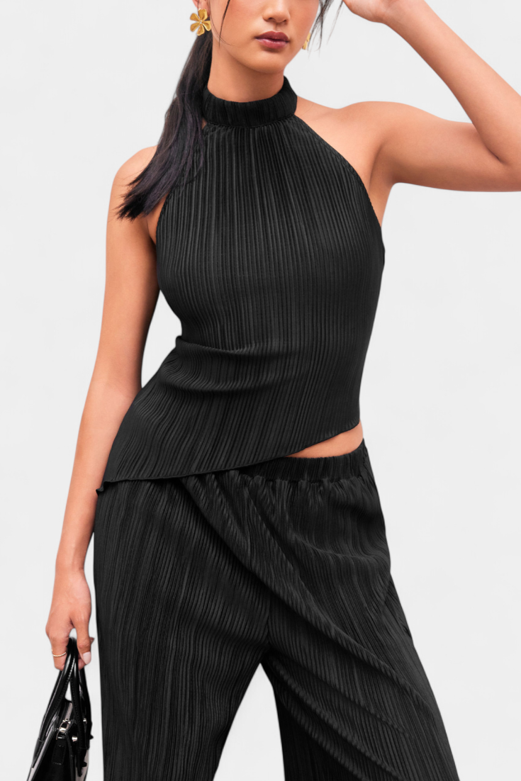 Ensemble Plissé Pilarica avec Top Asymétrique Halter et Pantalon Fluide