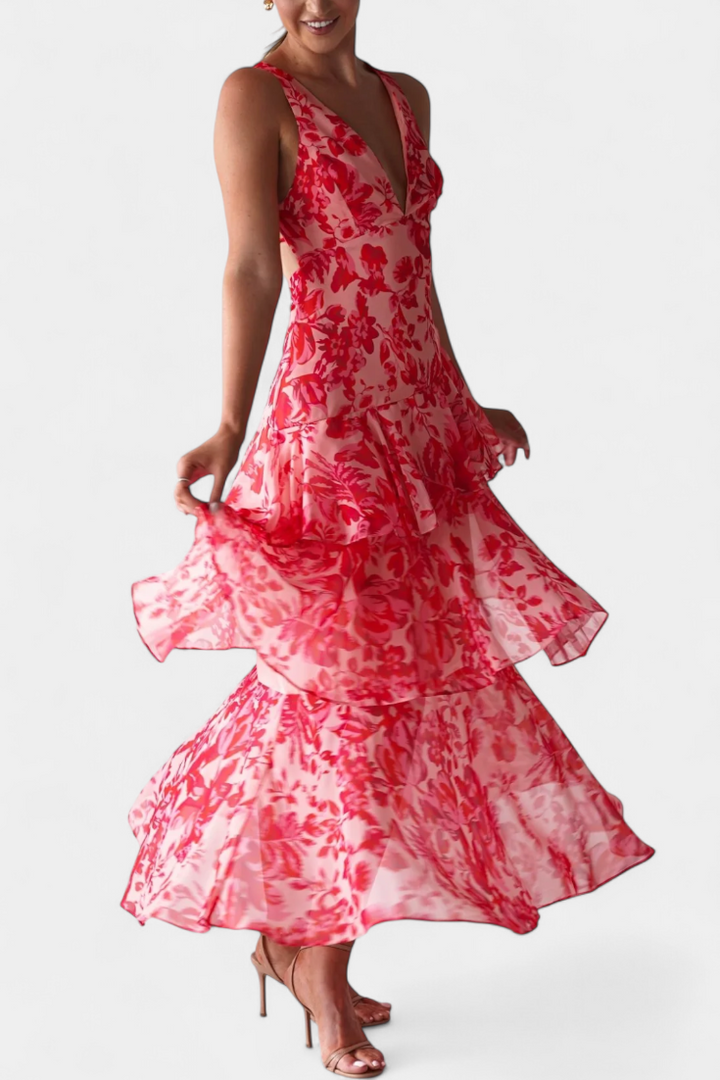 Robe Domenica en Georgette avec Décolleté en V et Couches Fluides