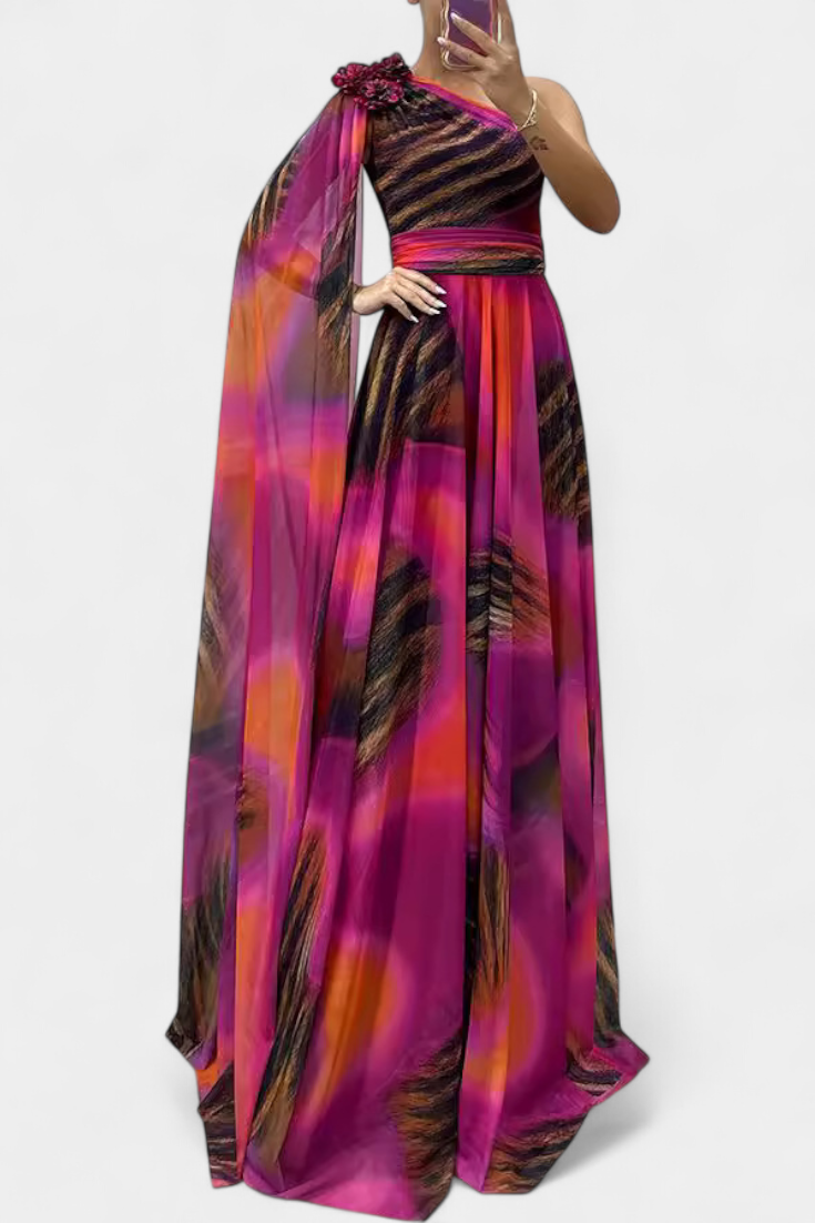 Robe Longue Cedara à Une Épaule avec Détail Floral