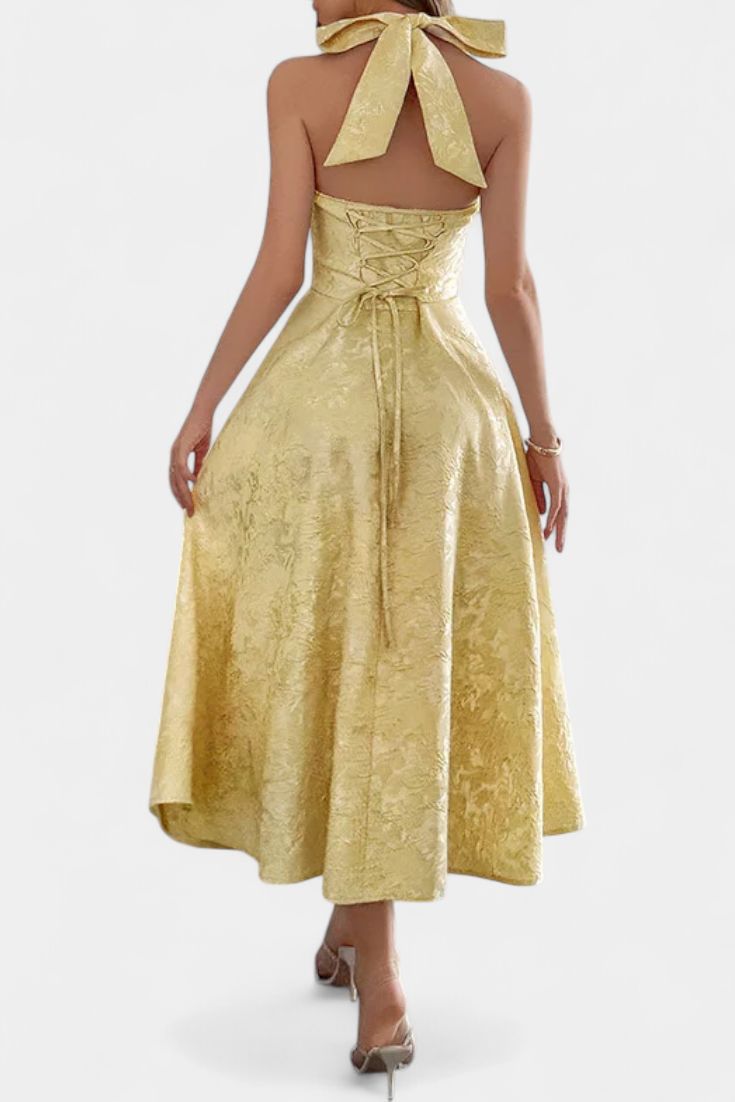 Robe Midi Jacquard Gilda avec Dos Nu et Taille Haute