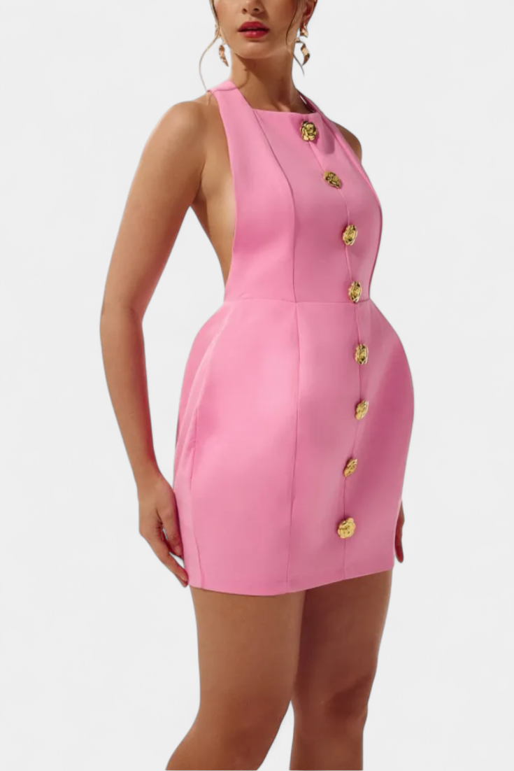 Yvonne Robe Mini Décolleté Halter avec Dos Nu et Détail Floral