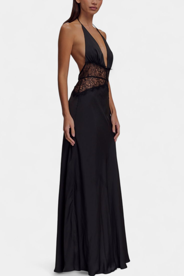 Robe Longue Ashanty avec Décolleté Halter et Taille en Dentelle Transparente